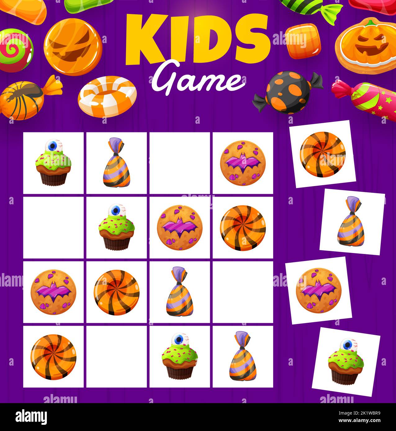 Halloween sudoku game. Sweets, cookie and cakes. Kids intelligence