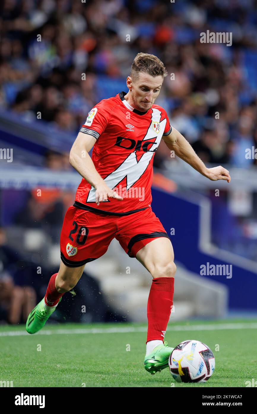 BARCELONA - AUG 19: Balliu in action at the La Liga match between RCD Espanyol and Rayo Vallecano at the RCDE Stadium on August 19, 2022 in Barcelona, Stock Photo