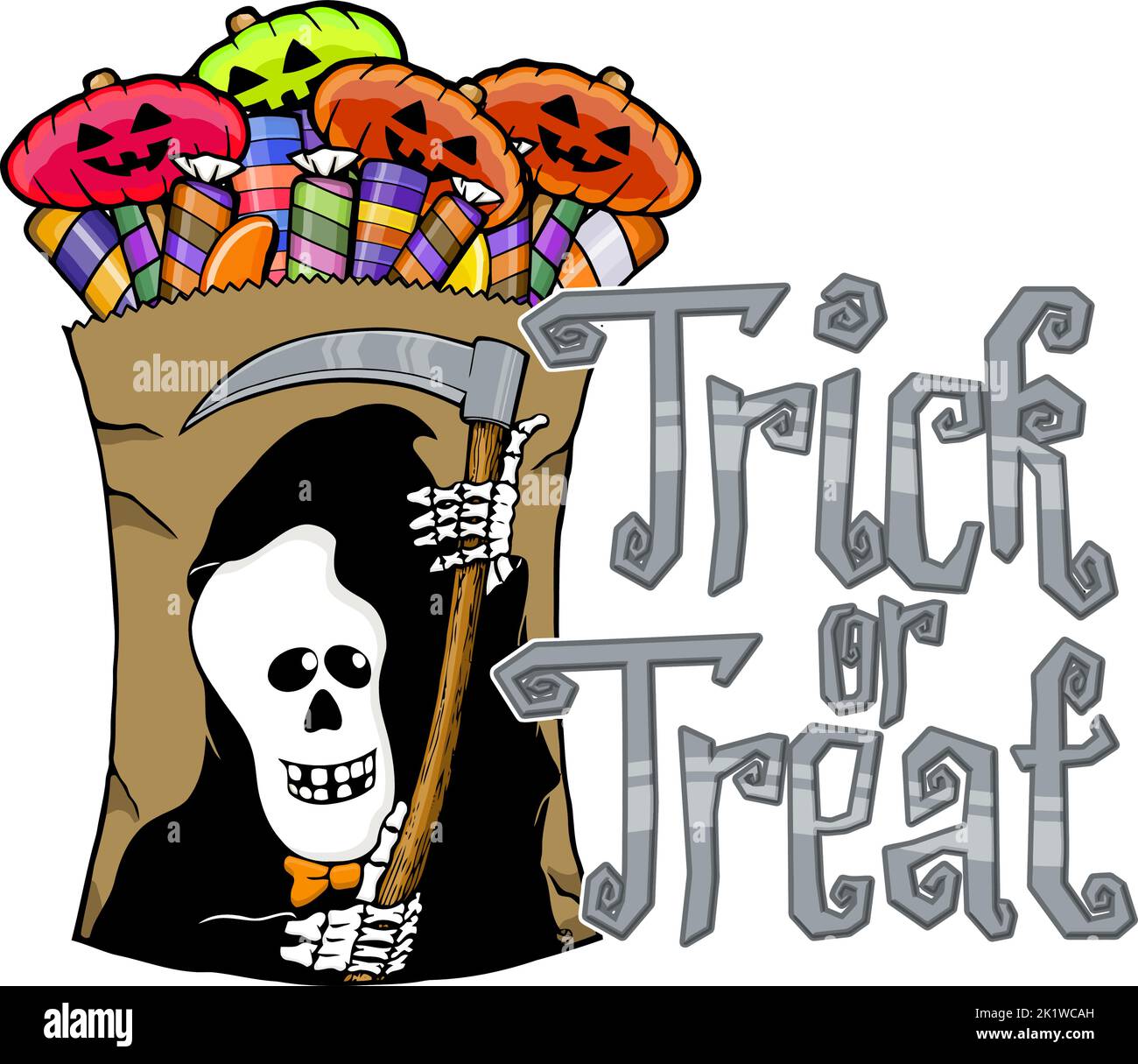 trick or treat design with reaper and candy bag Stock Vector