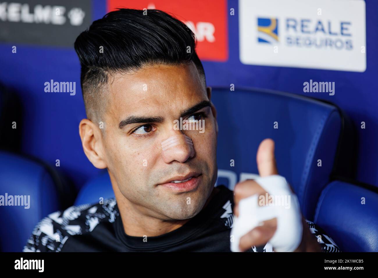 BARCELONA - AUG 19: Radamel Falcao sits on the bench at the La Liga match between RCD Espanyol and Rayo Vallecano at the RCDE Stadium on August 19, 20 Stock Photo
