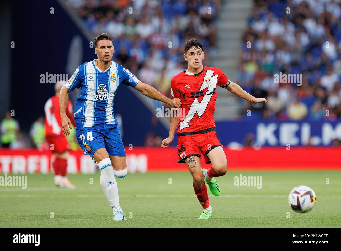 BARCELONA - AUG 19: Sergio Camello in action at the La Liga match between RCD Espanyol and Rayo Vallecano at the RCDE Stadium on August 19, 2022 in Ba Stock Photo