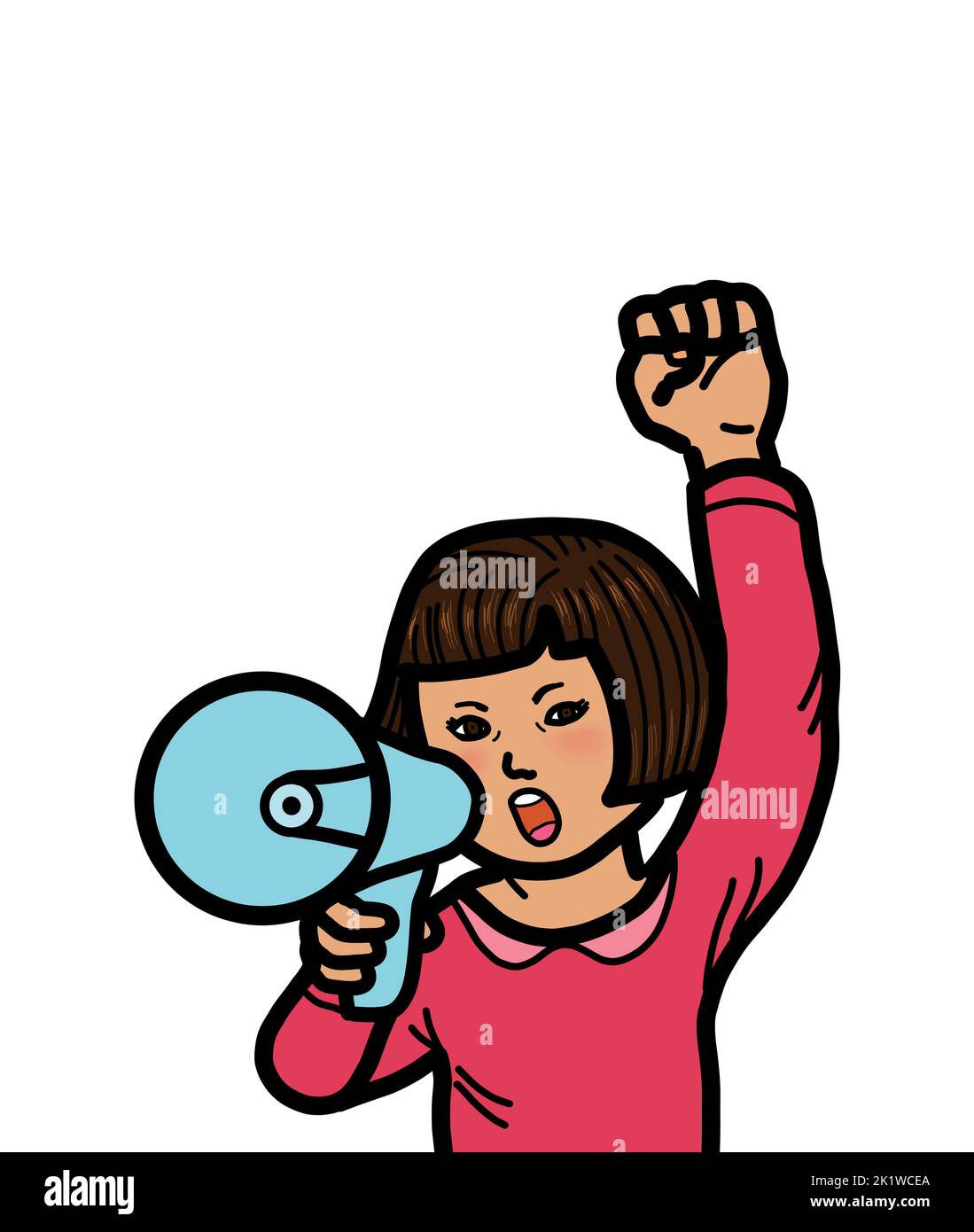 A young female person hand holding megaphone shouting and raised arm fist. The student activist protest demonstration concept. Stock Photo