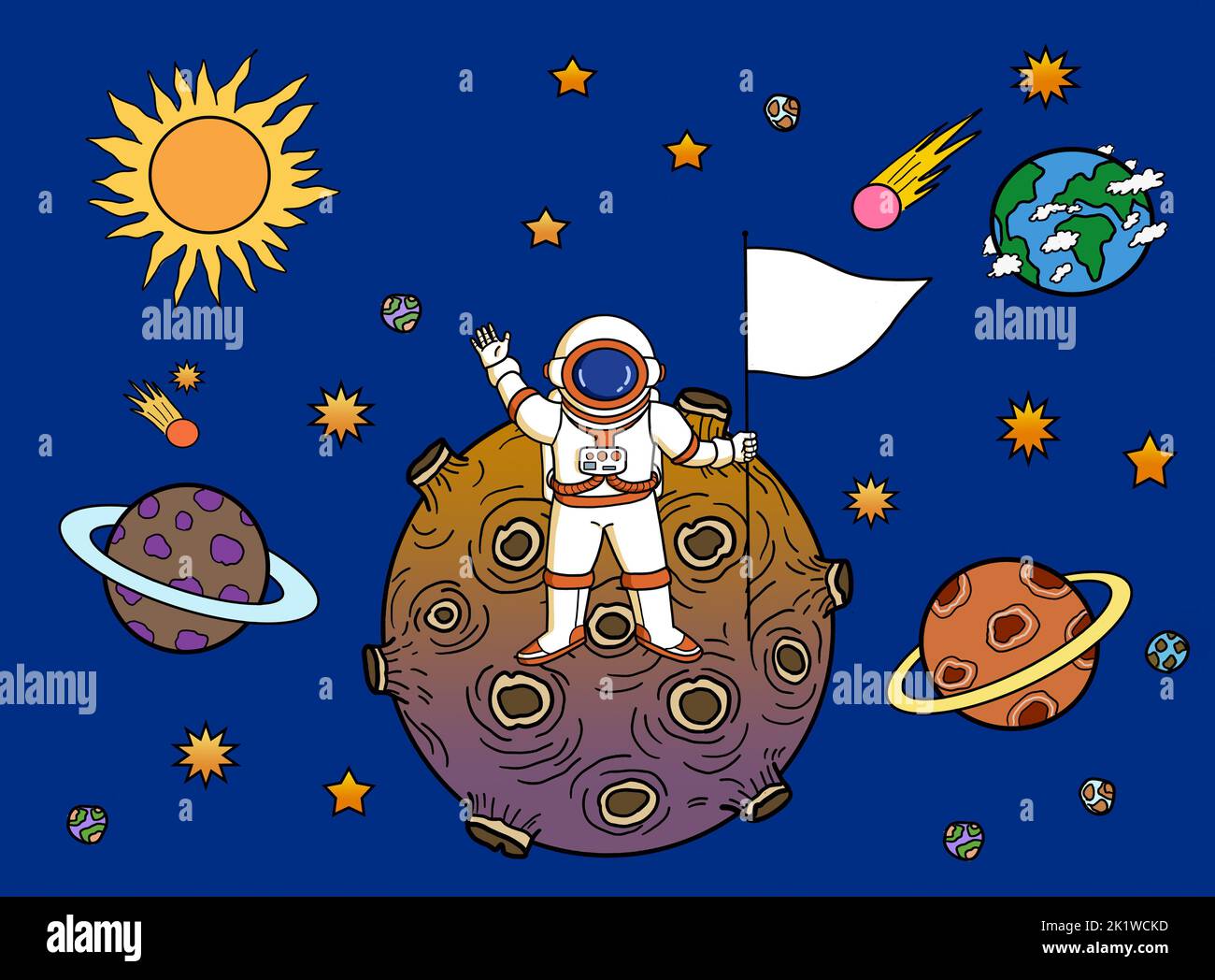 An astronaut holding a white flag standing on a planet. Success goal achievement leadership in space and technology concept. Stock Photo