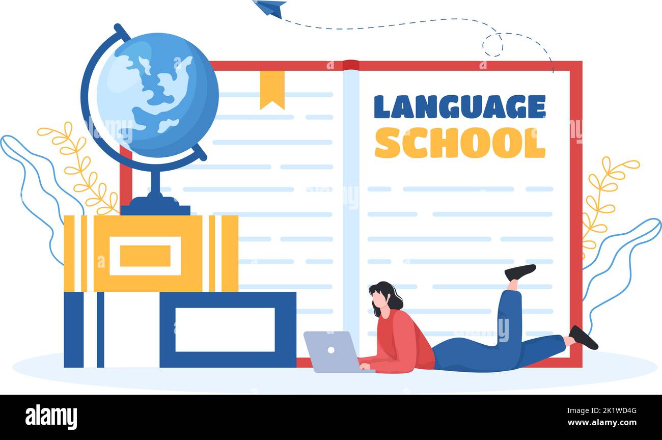 Language School Template Hand Drawn Cartoon Flat Illustration of Online
