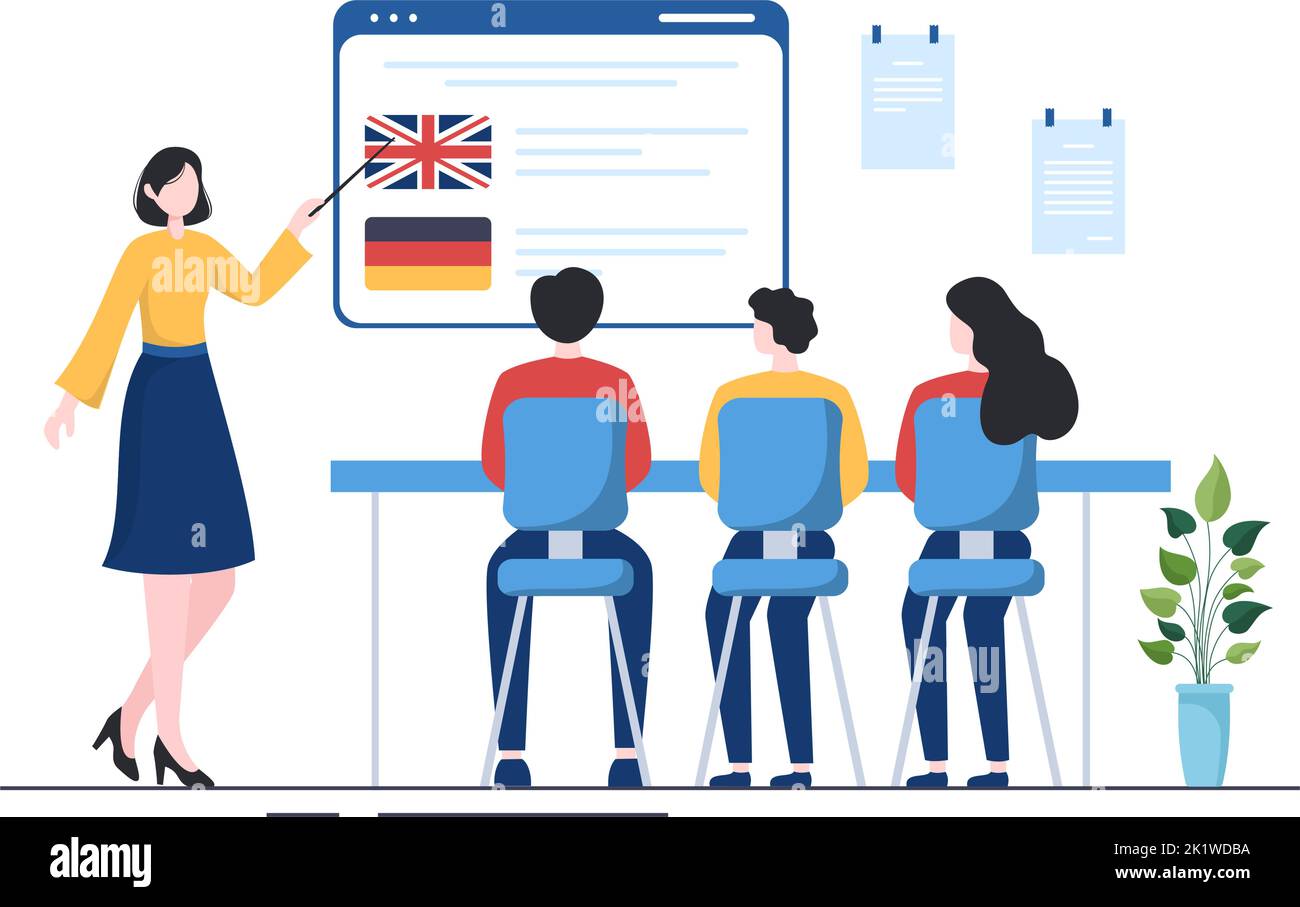 Language School Template Hand Drawn Cartoon Flat Illustration of Online