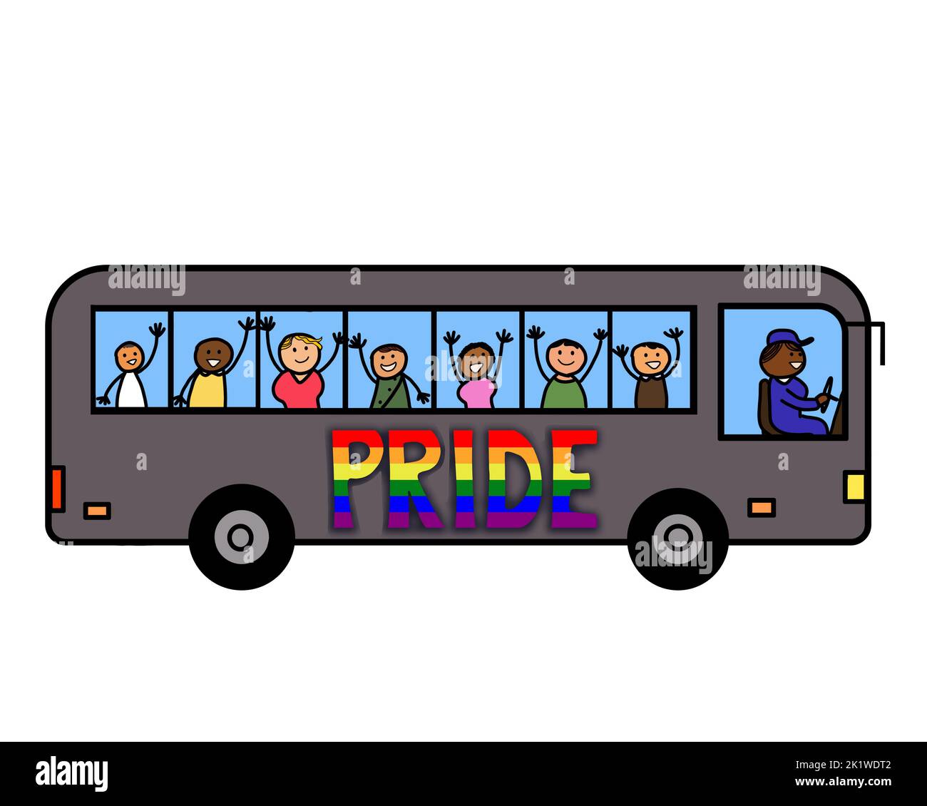 A public bus with gay pride rainbow LGBTQ symbol and a group of multi-ethnics passengers people raising arms. Stock Photo