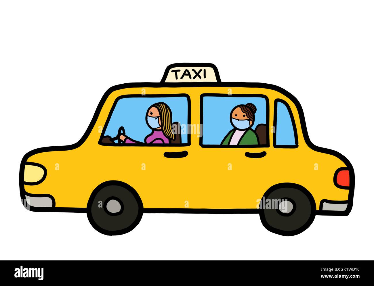 A taxi car with a female driver and female passenger wearing protective