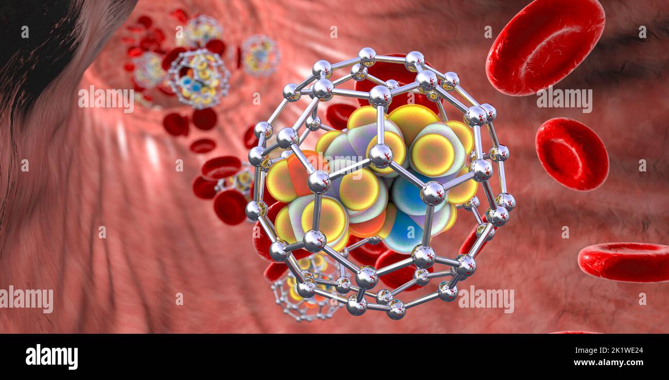 Fullerene nanoparticles in blood, illustration Stock Photo