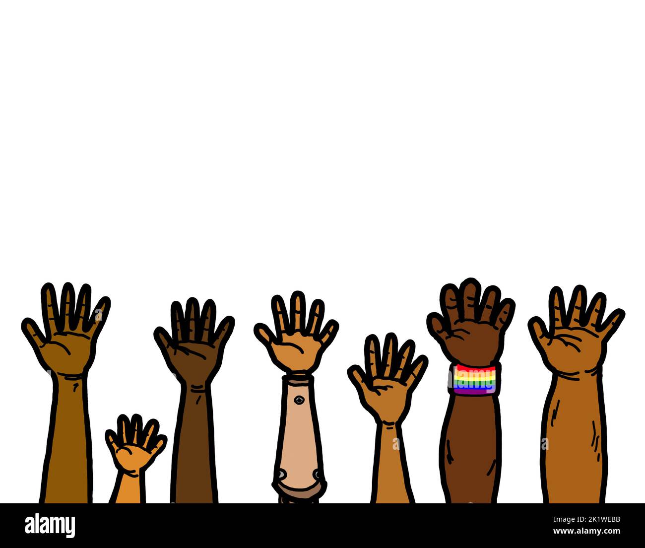 Diversity group of black African American hands raising as a symbol of equality of race, ethnicity, and people with disabilities. Stock Photo