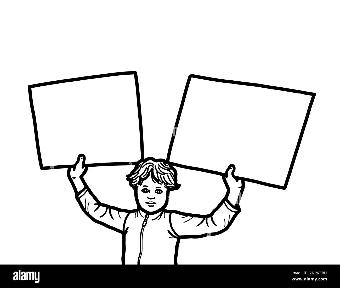 A young boy person hand holding the blank empty poster signs with a copy space. Education presentation concept. Stock Photo