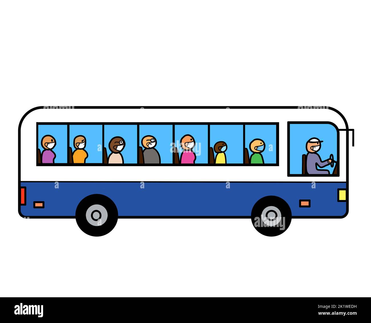 A public city bus with a group of passengers people wearing protective face mask. Masked transit, health and safety concept. Stock Photo