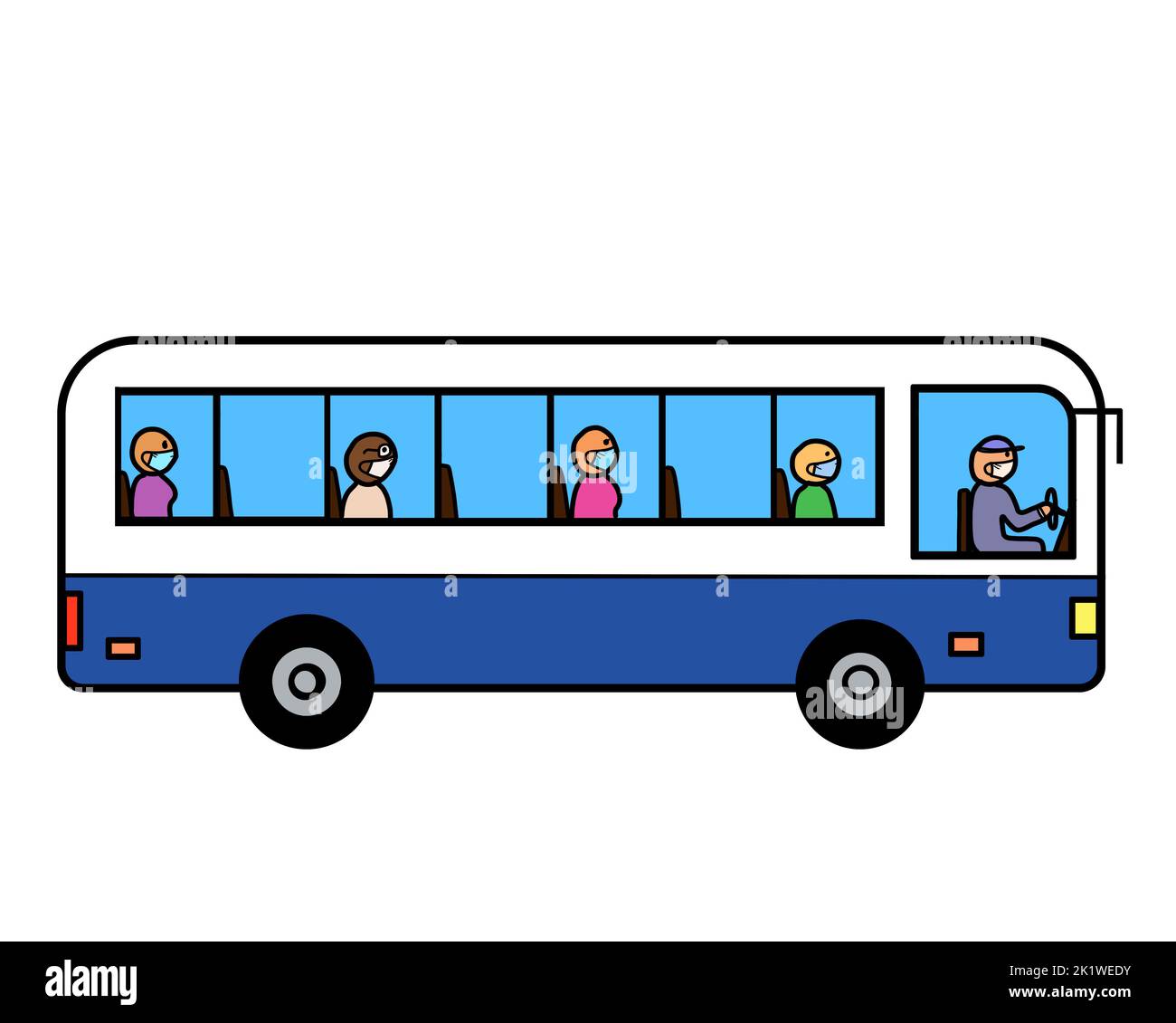 A public city bus with a group of passengers people wearing protective face mask, social distancing. Masked transit, health and safety concept. Stock Photo