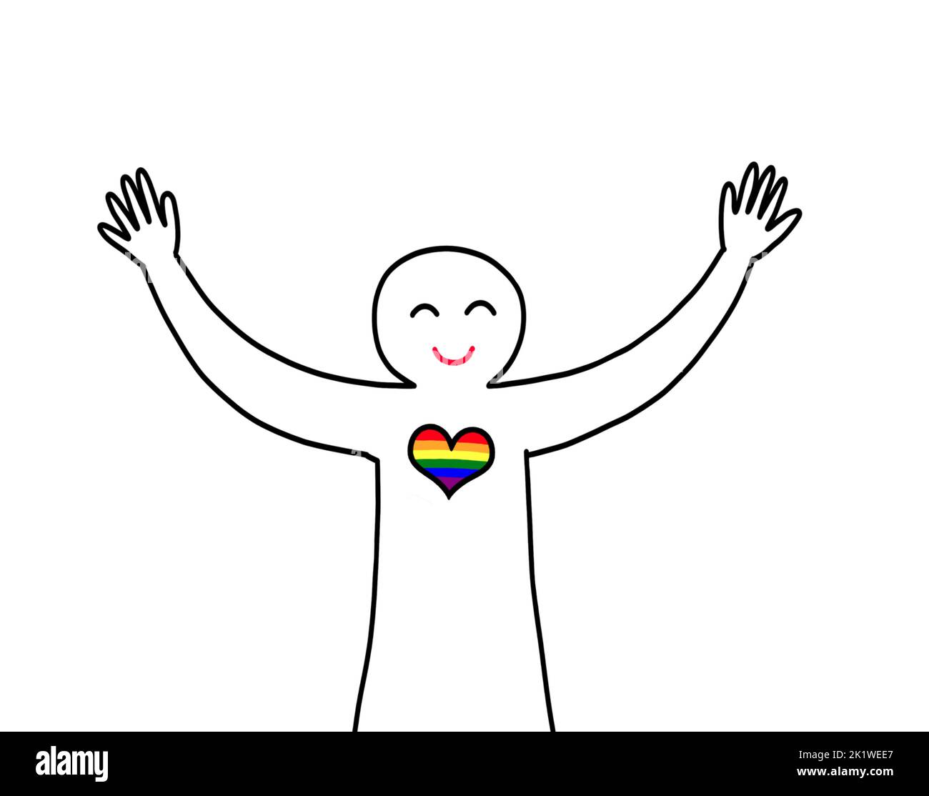 A gay lgbtq homosexual person raising arms and hands up gesture smiling. Positive happy emotion. Freedom, relaxation, self confidence and wellbeing co Stock Photo