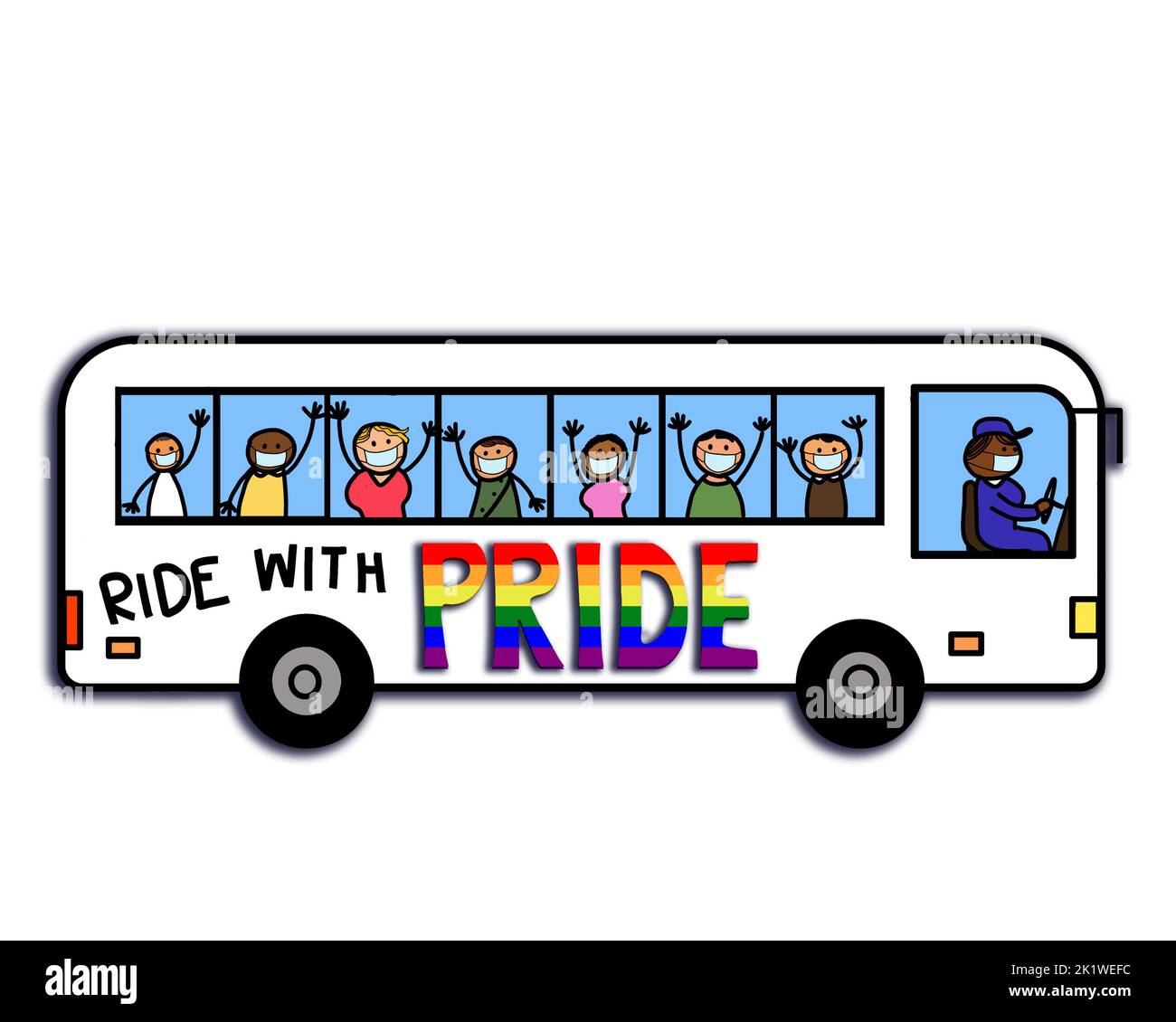 A public bus with gay pride rainbow LGBTQ symbol and a group of multi-ethnics passengers people wearing face mask raising arms. Stock Photo