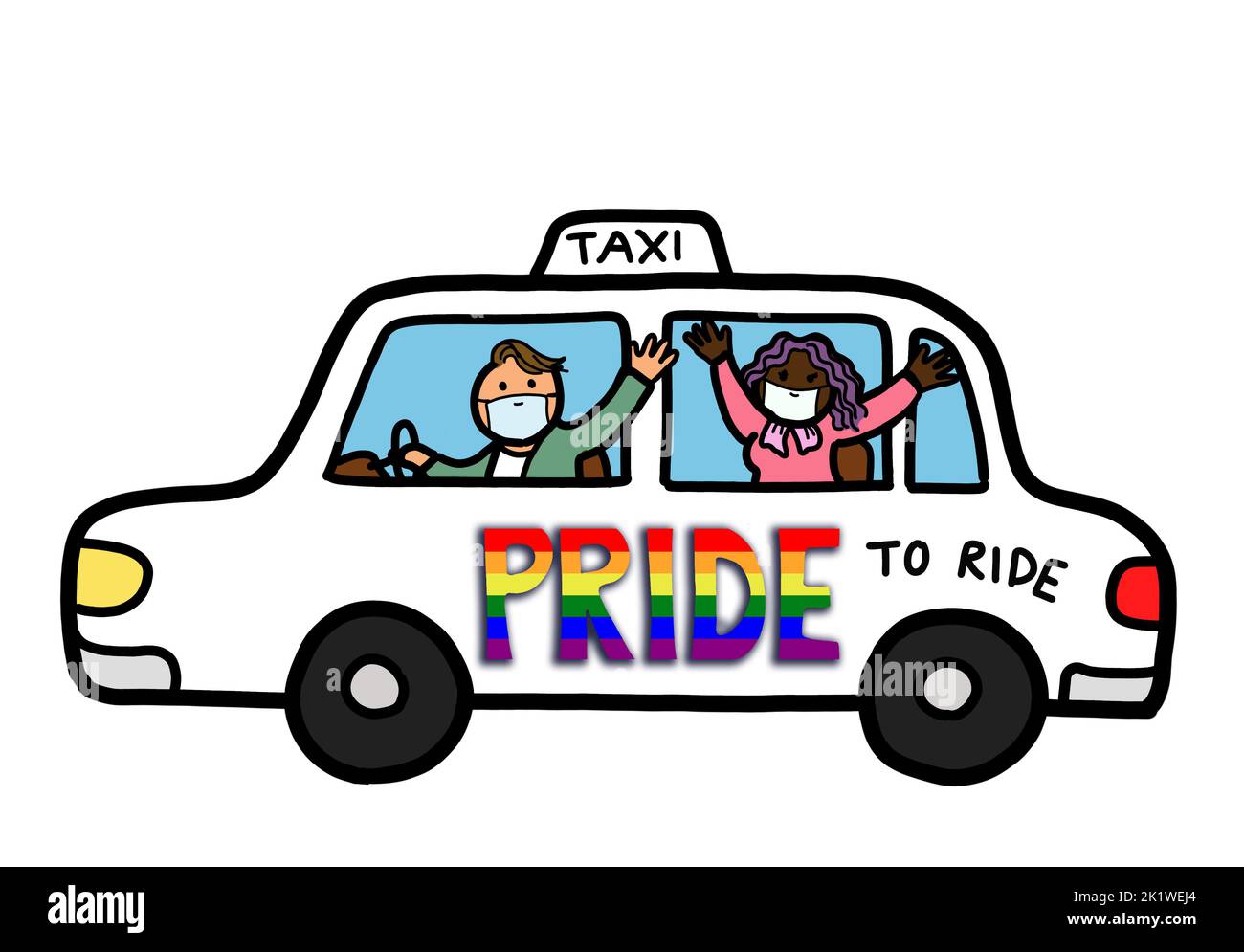 A taxi cab with gay pride rainbow LGBTQ symbol with a driver and lesbian woman passenger. Equality and diversity concept. Stock Photo