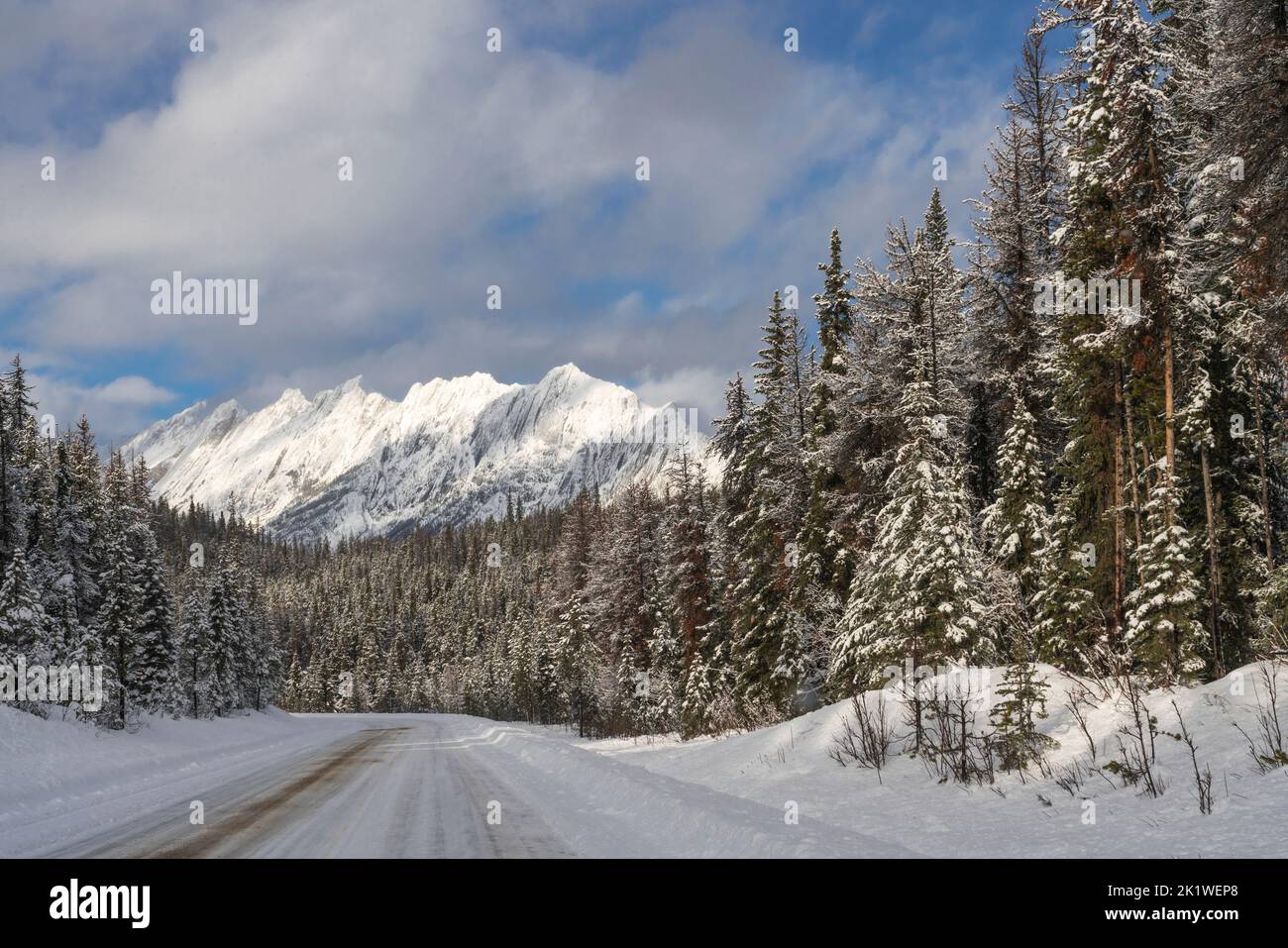 A mountain and forest scenic along the Maligne Lake road in winter, Jasper National Park, Alberta, Canada. Stock Photo
