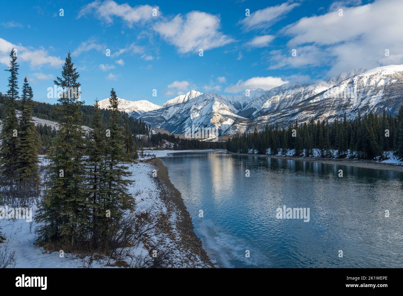 Along the Maligne Lake road in winter, Jasper National Park, Alberta, Canada. Stock Photo