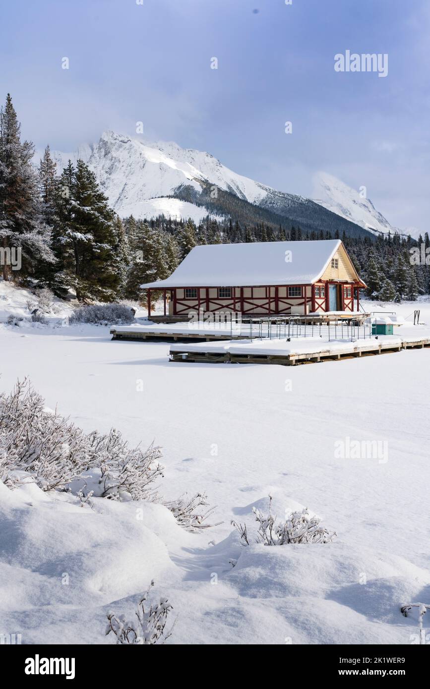 The Maligne Lake boathouse at Maligne Lake road in winter, asper National Park, Alberta, Canada. Stock Photo