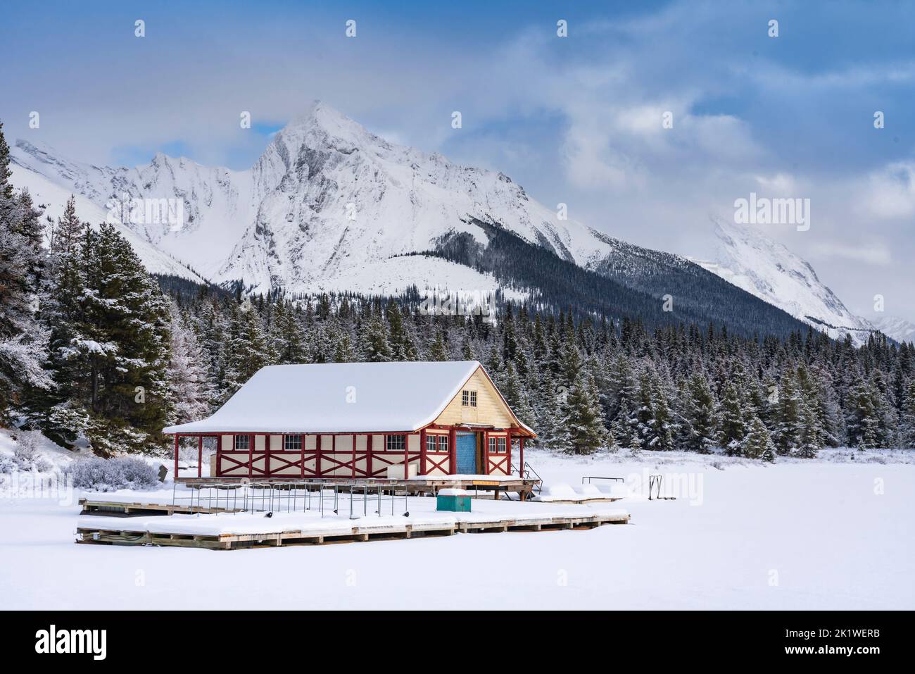 The Maligne Lake boathouse at Maligne Lake road in winter,  Jasper National Park, Alberta, Canada. Stock Photo