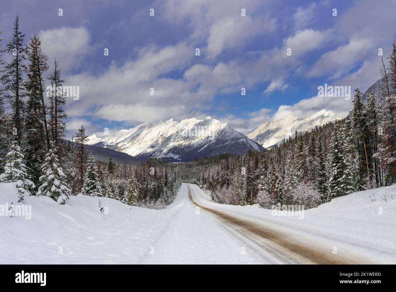 A mountain and forest scenic along the Maligne Lake road in winter, Jasper National Park, Alberta, Canada. Stock Photo