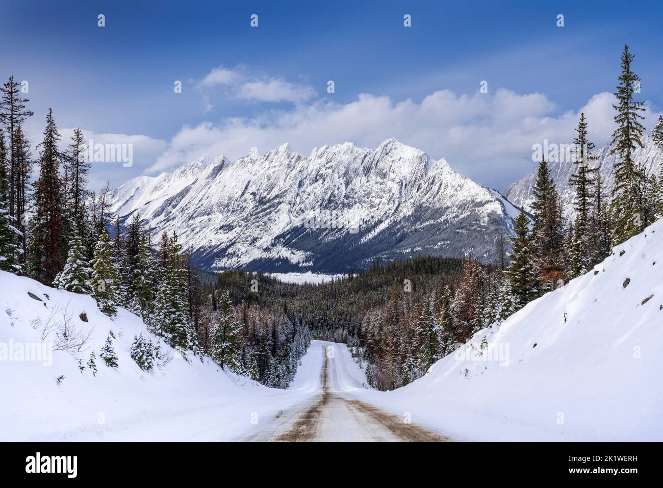 A mountain and forest scenic along the Maligne Lake road in winter, Jasper National Park, Alberta, Canada. Stock Photo