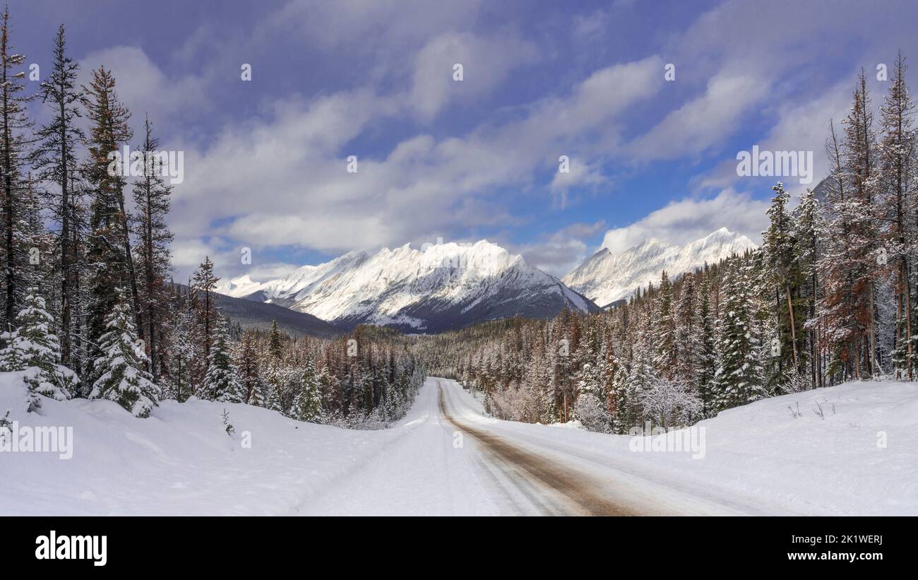 A mountain and forest scenic along the Maligne Lake road in winter, Jasper National Park, Alberta, Canada. Stock Photo