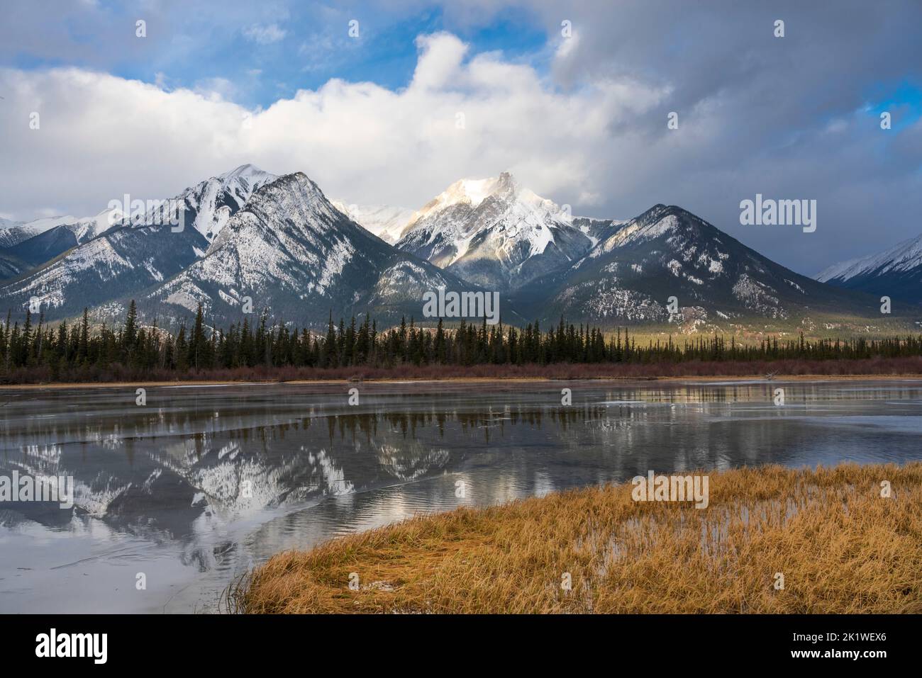 Mountain scenic reflections along Highway 16 near Jasper, Jasper National Park, Alberta, Canada. Stock Photo