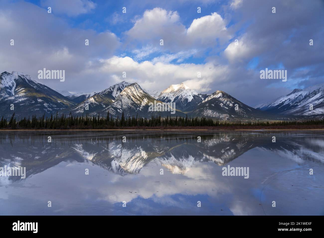 Mountain scenic reflections along Highway 16 near Jasper, Jasper National Park, Alberta, Canada. Stock Photo