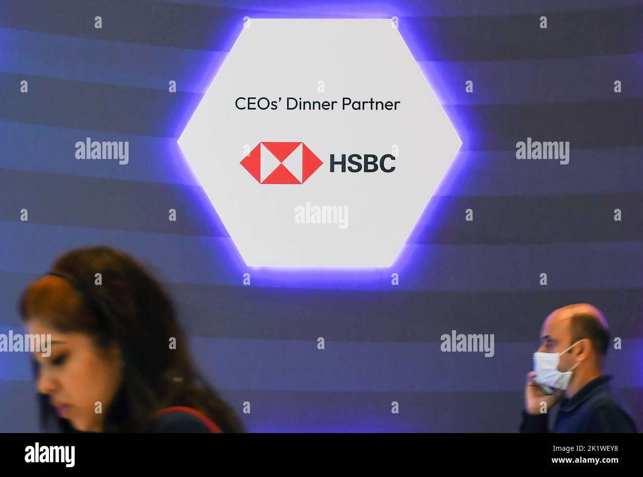 Mumbai, India. 20th Sep, 2022. People walk below the HSBC bank logo during the Global Fintech Fest in Mumbai. Global Fintech Fest (GFF) is held from 19th-22nd September 2022 to promote sustainable finance globally and engage participants with public and private companies in discussion, tech talks, product showcase and bring everyone on single platform to build sustainable and inclusive world. (Photo by Ashish Vaishnav/SOPA Images/Sipa USA) Credit: Sipa USA/Alamy Live News Stock Photo