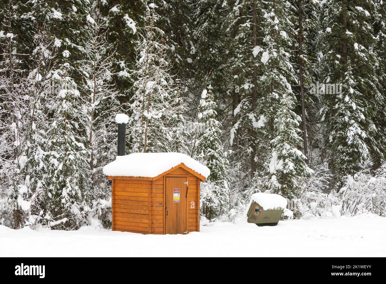 Snow covered trees and outhouse in a forest near Jasper, Jasper National Park, Alberta, Canada. Stock Photo