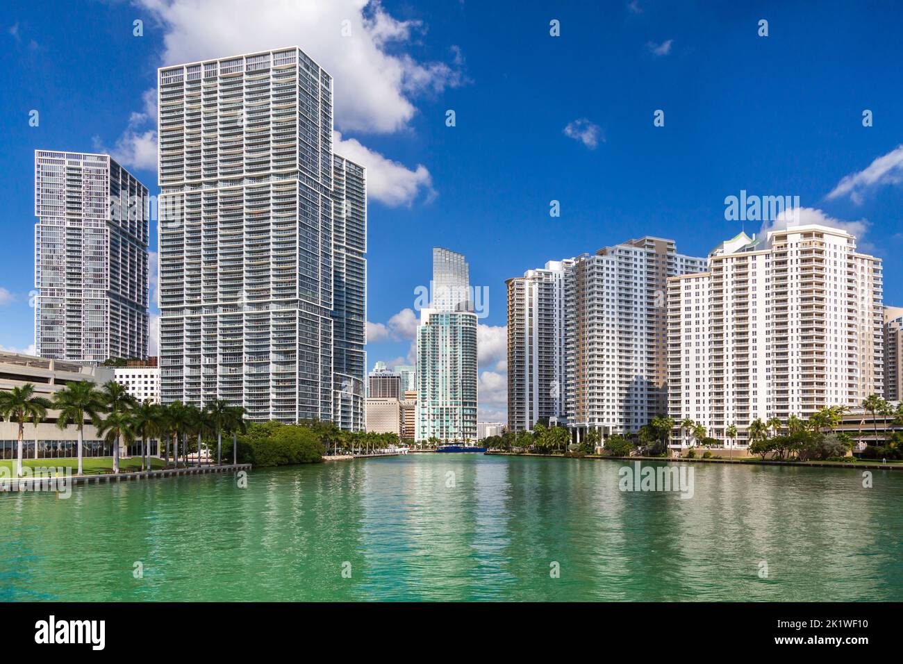 Apartments and condominiums reflected in the intercoastal waterway near Brickell Key, Florida, USA. Stock Photo