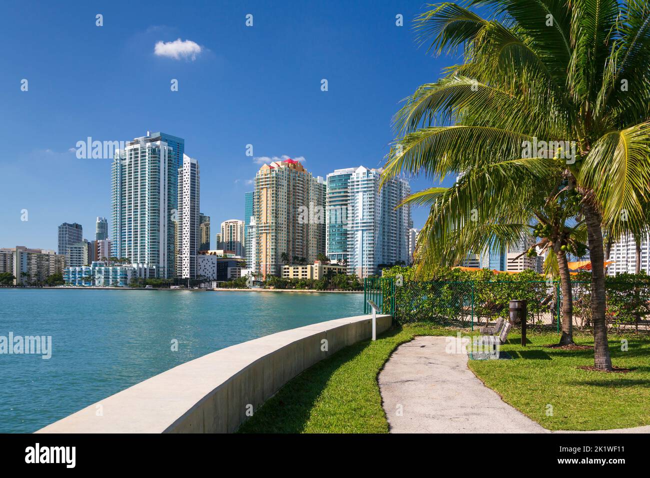 Apartments and condominiums reflected in the intercoastal waterway near Brickell Key, Florida, USA. Stock Photo