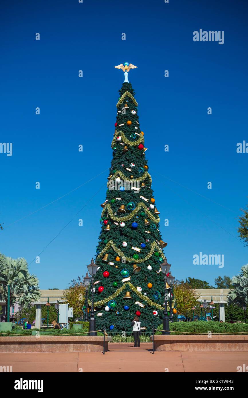 A tall Christmas tree decorated at Epcot Center, Orlando, Florida, USA. Stock Photo