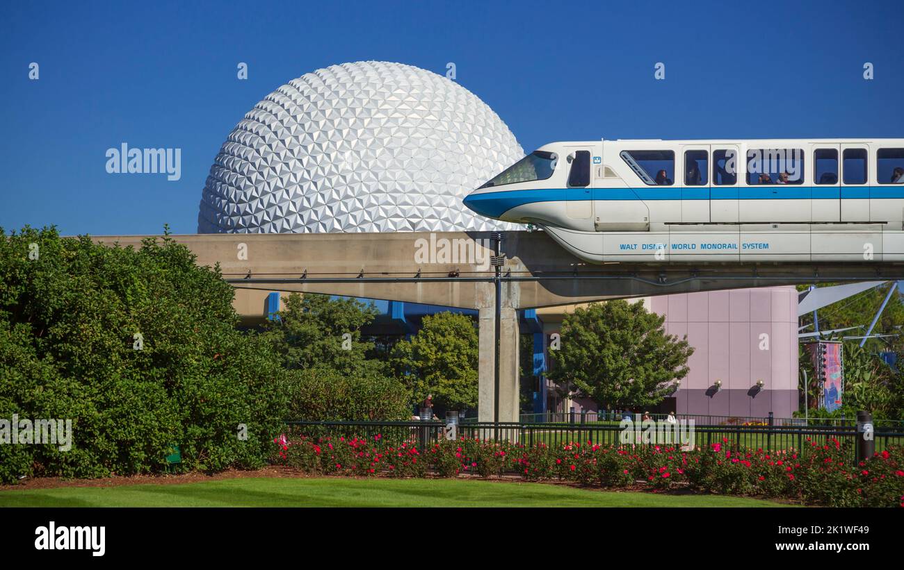The Spaceship Earth dome and monorail at Epcot Center, Orlando, Florida, USA. Stock Photo