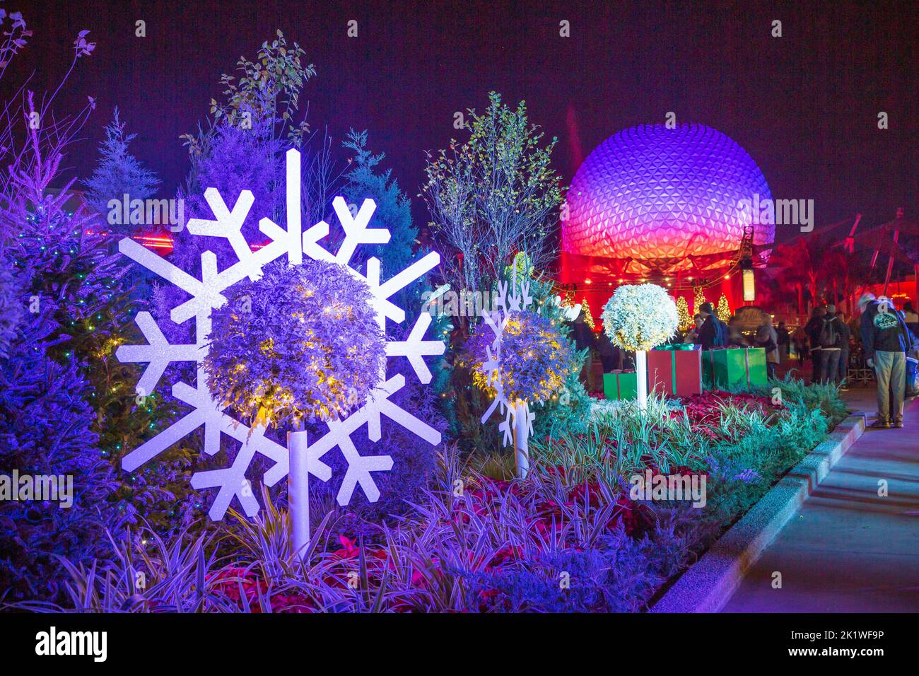 The Spaceship Earth dome and a Christmas theme illuminated at night  at Epcot Center, Orlando, Florida, USA. Stock Photo