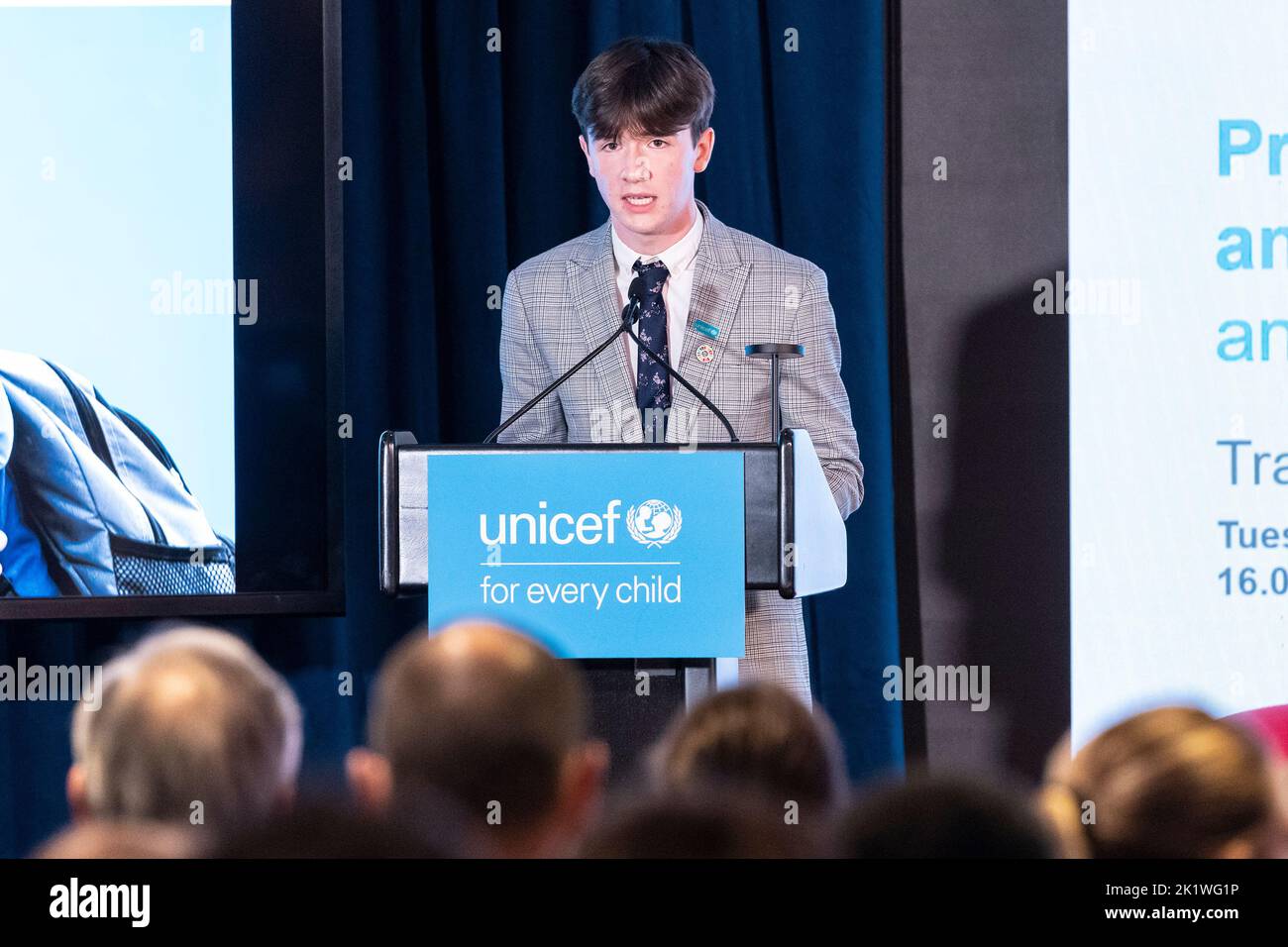 New York, USA. 20th Sep, 2022. Youth leader Ruairi Holohan of Ireland speaks at UNGA 77th session side event at UNICEF: Promoting and protecting learners' mental health and psychological well-being at UNICEF Headquarters in New York on September 20, 2022. (Photo by Lev Radin/Sipa USA) Credit: Sipa USA/Alamy Live News Stock Photo