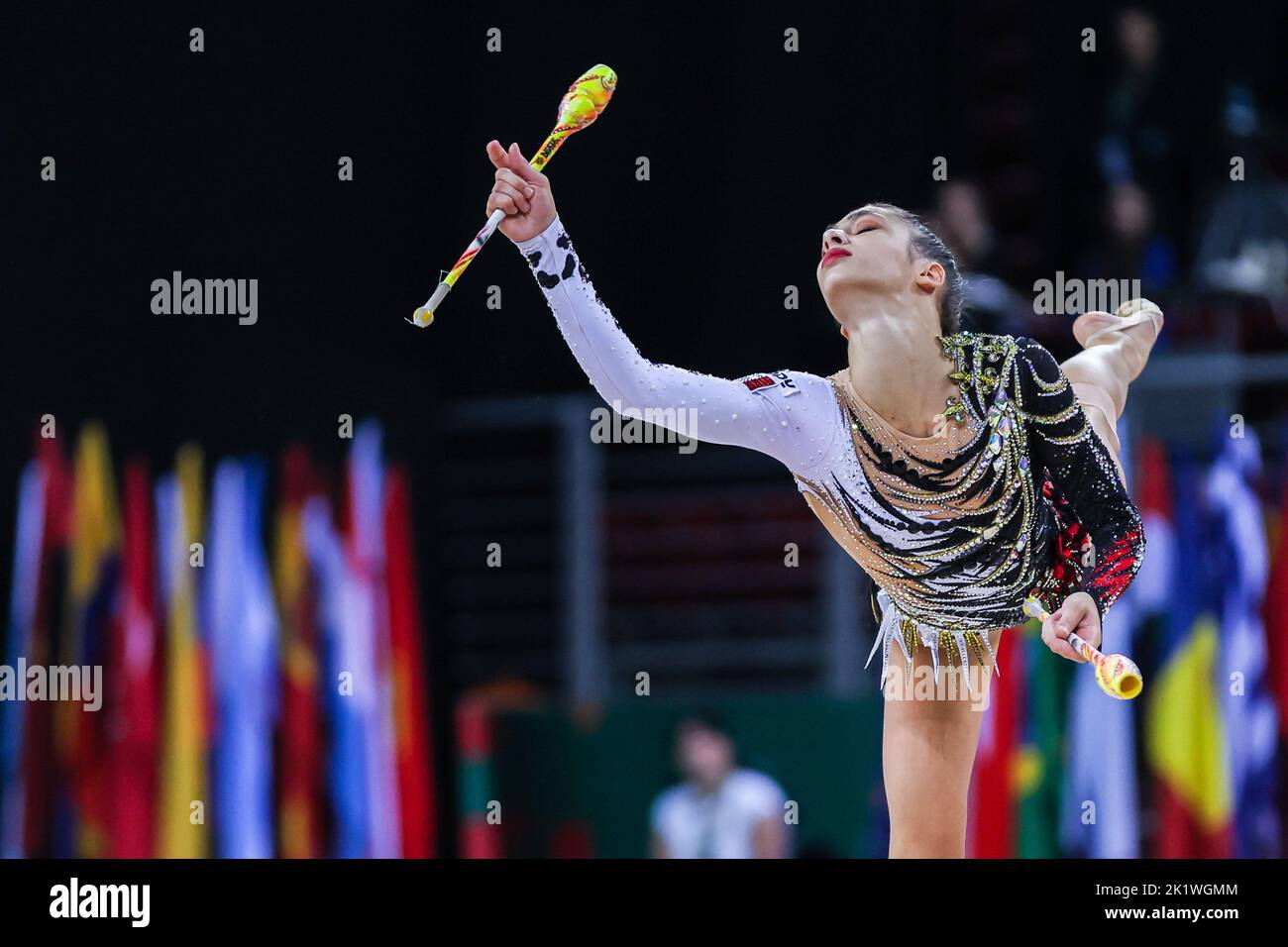 Raffaeli Sofia (ITA) seen during the clubs routine at the Rhythmic Gymnastics FIG World Championships 2022, Armeec Arena in Sofia. Stock Photo