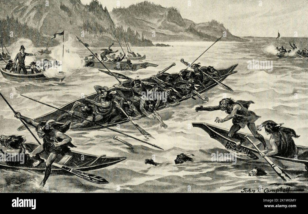 Much against his will, Vancouver gave the order to fire, when those in the small canoes leapt out and swam to shore, while those in the large ones tilted them to one side, and so screened themselves while making for shore Stock Photo