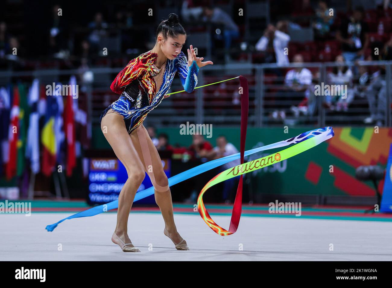 Raffaeli Sofia (ITA) seen during the ribbon routine at the Rhythmic Gymnastics FIG World Championships 2022, Armeec Arena in Sofia. Stock Photo