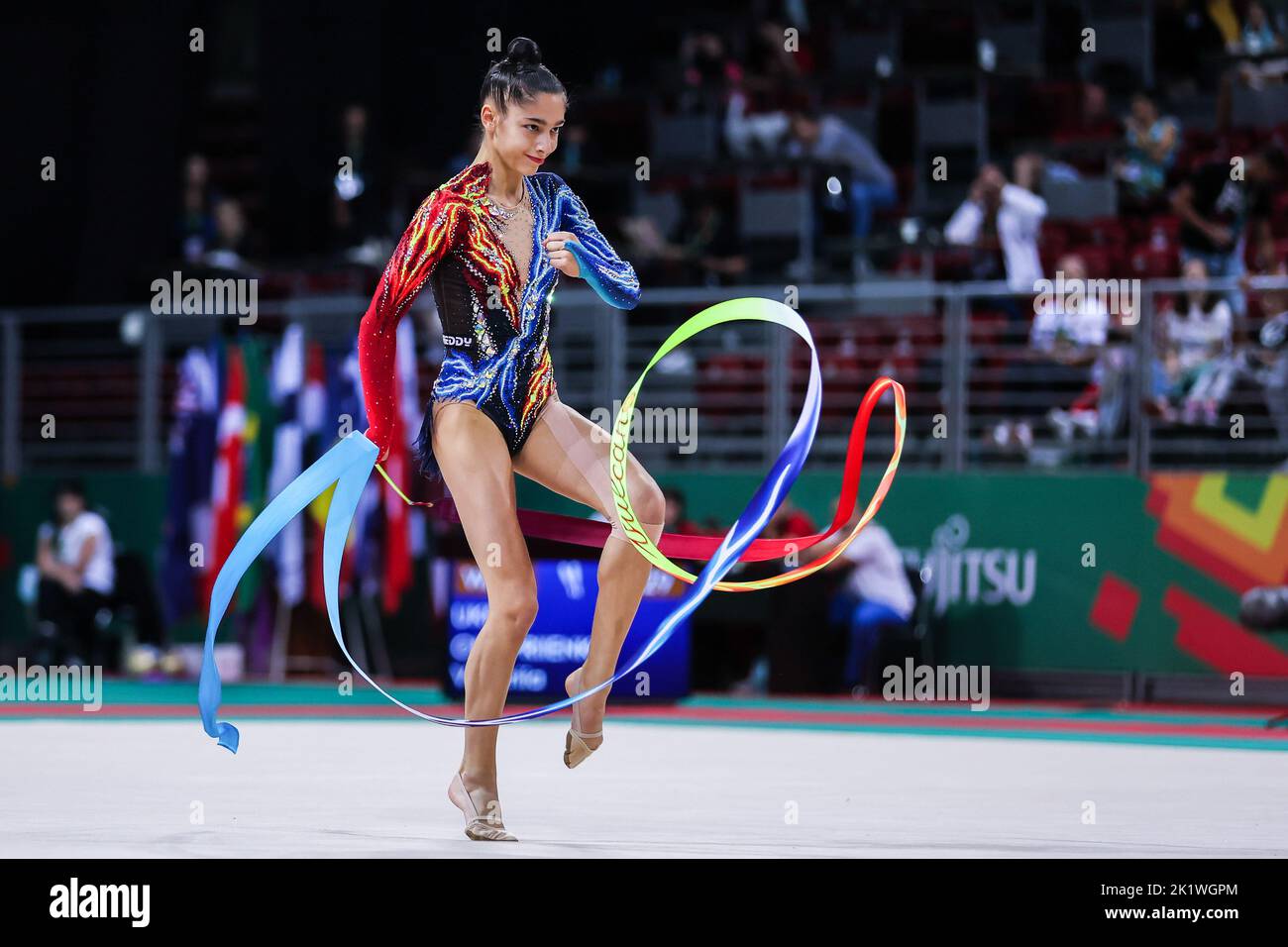 Raffaeli Sofia (ITA) seen during the ribbon routine at the Rhythmic Gymnastics FIG World Championships 2022, Armeec Arena in Sofia. Stock Photo