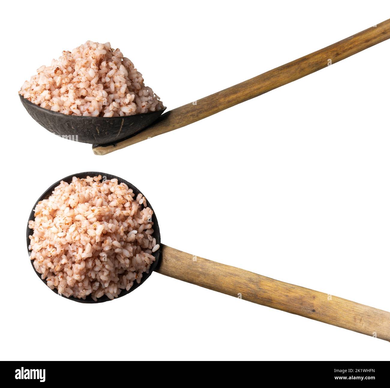 coconut shell spoon full of cooked whole grain brown rice in different angles, isolated on white background, collection Stock Photo