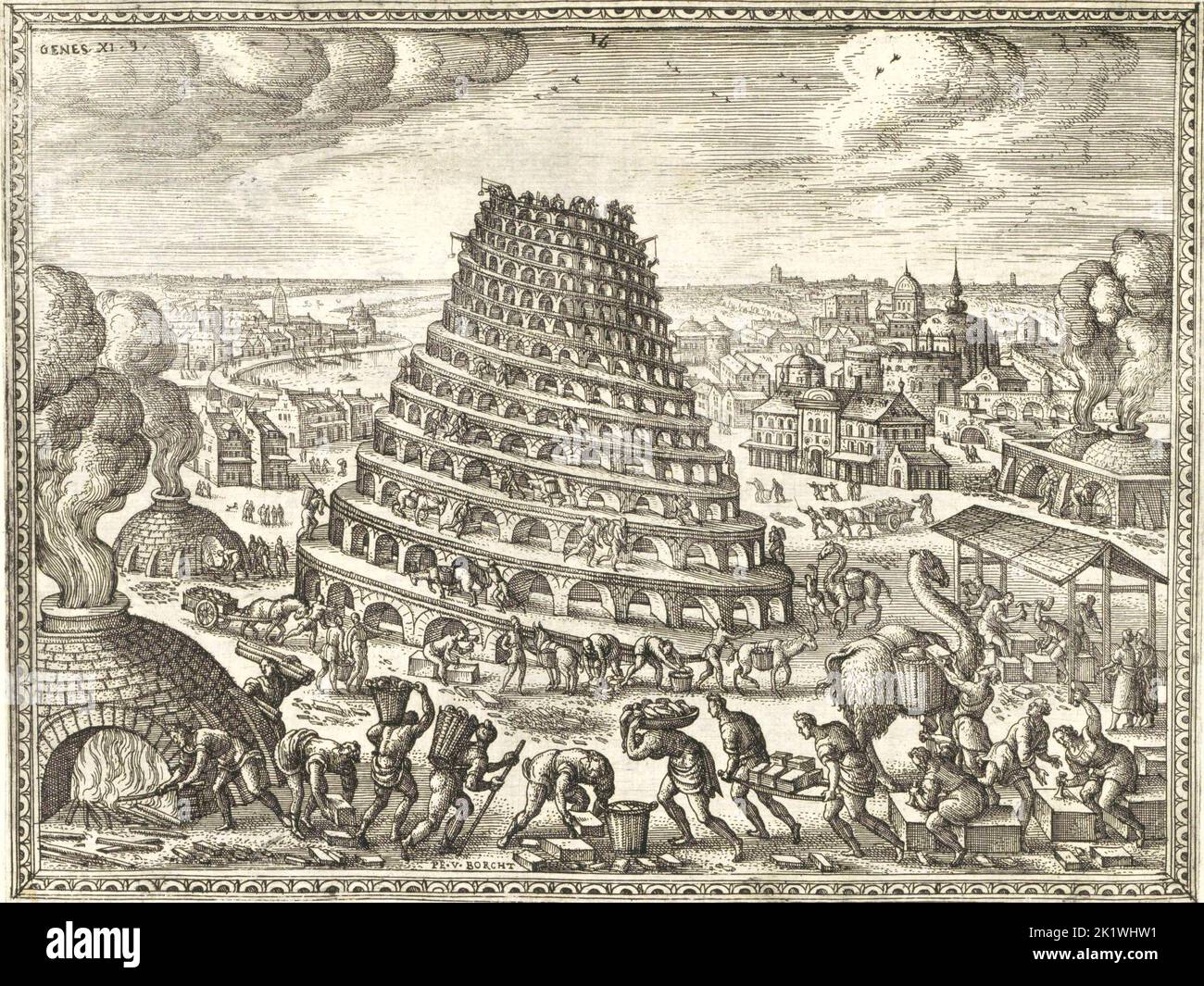 Builiding of the Tower of Babel, 17th century illustration Stock Photo ...