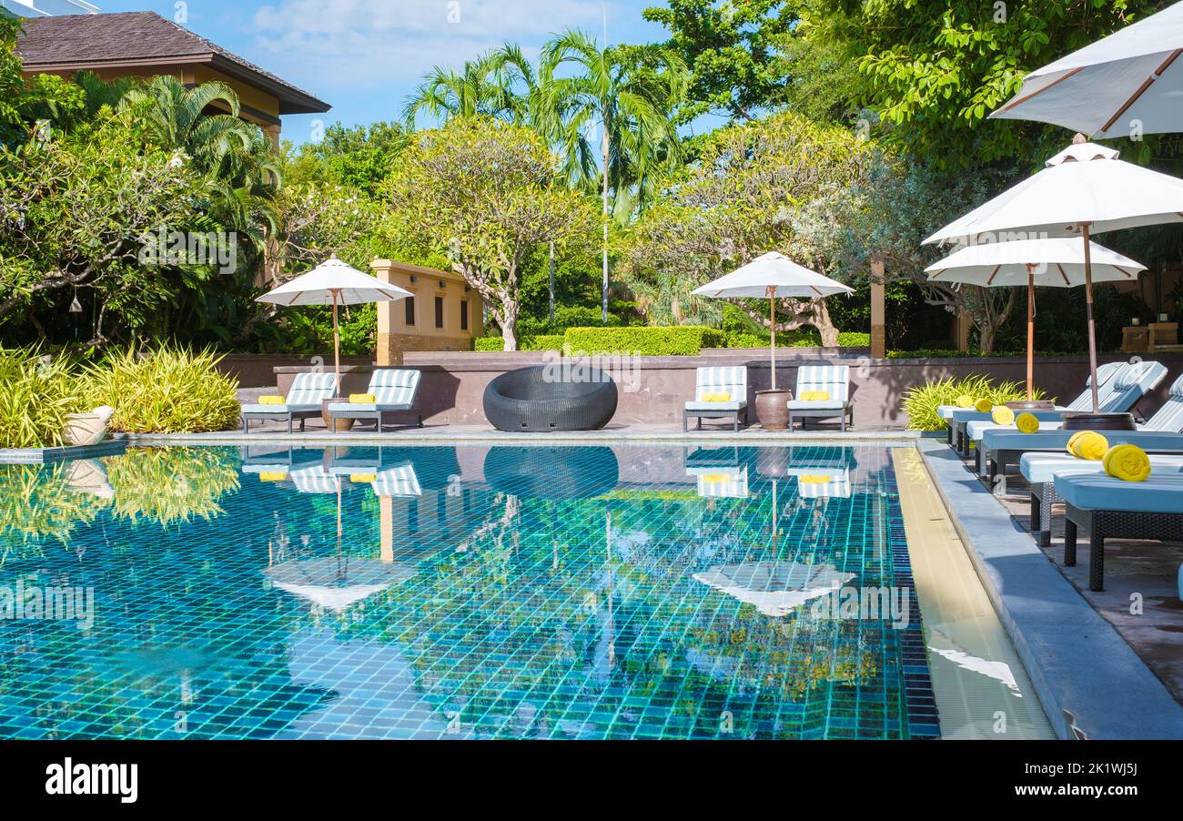 tropical pool with palm trees and beach bed chairs at a luxury resort ...