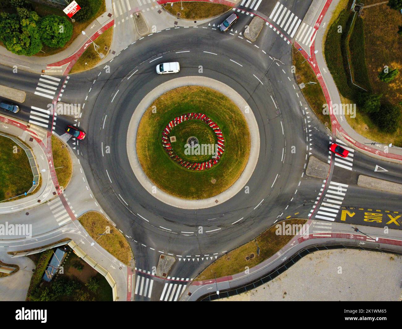 An aerial view of Traffic roundabout in Novo Mesto near Supernova BTC in Slovenia Stock Photo