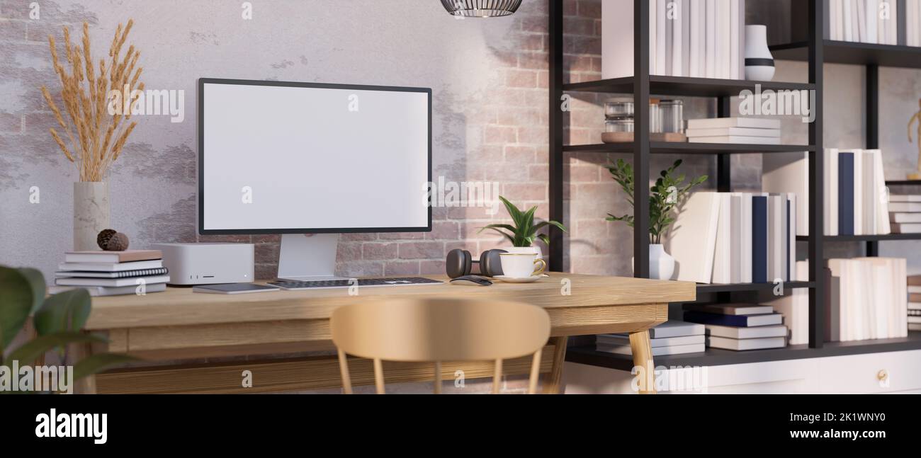 Modern contemporary working room interior design with pc desktop ...