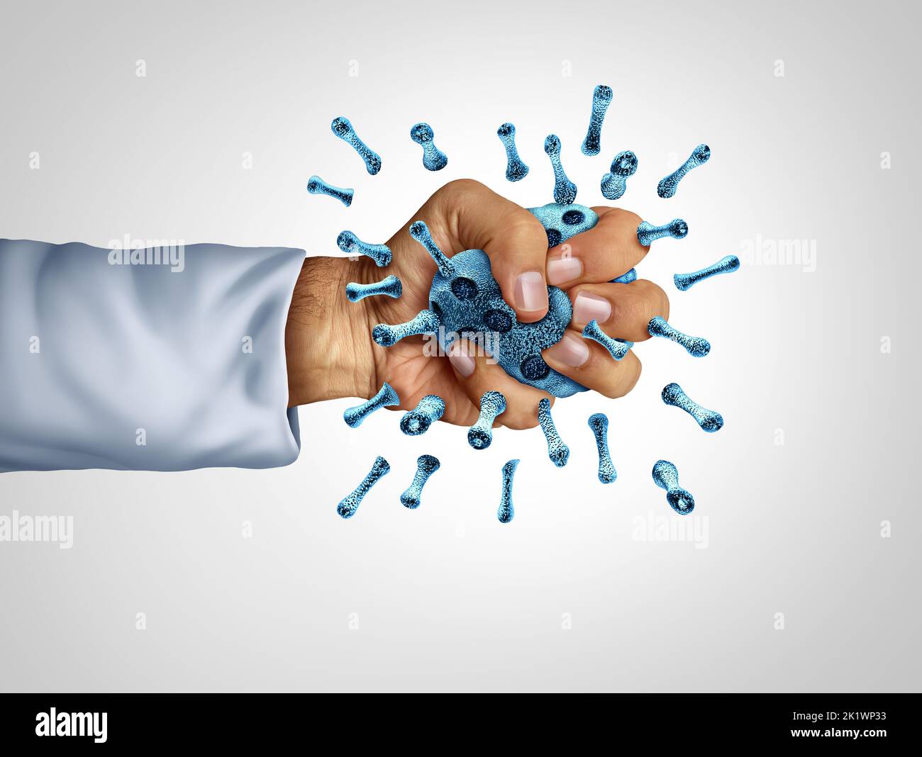 End of the outbreak and Coronavirus ending of the pandemic as a doctor or medical worker crushing a virus cell into pieces as a medical concept for cu Stock Photo