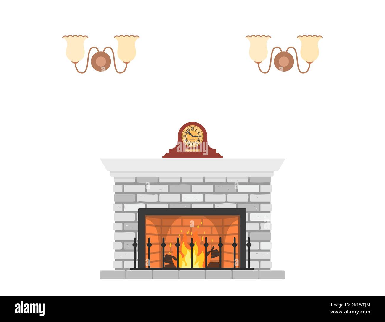 Retro fireplace with mantel clock on white background Stock Vector ...