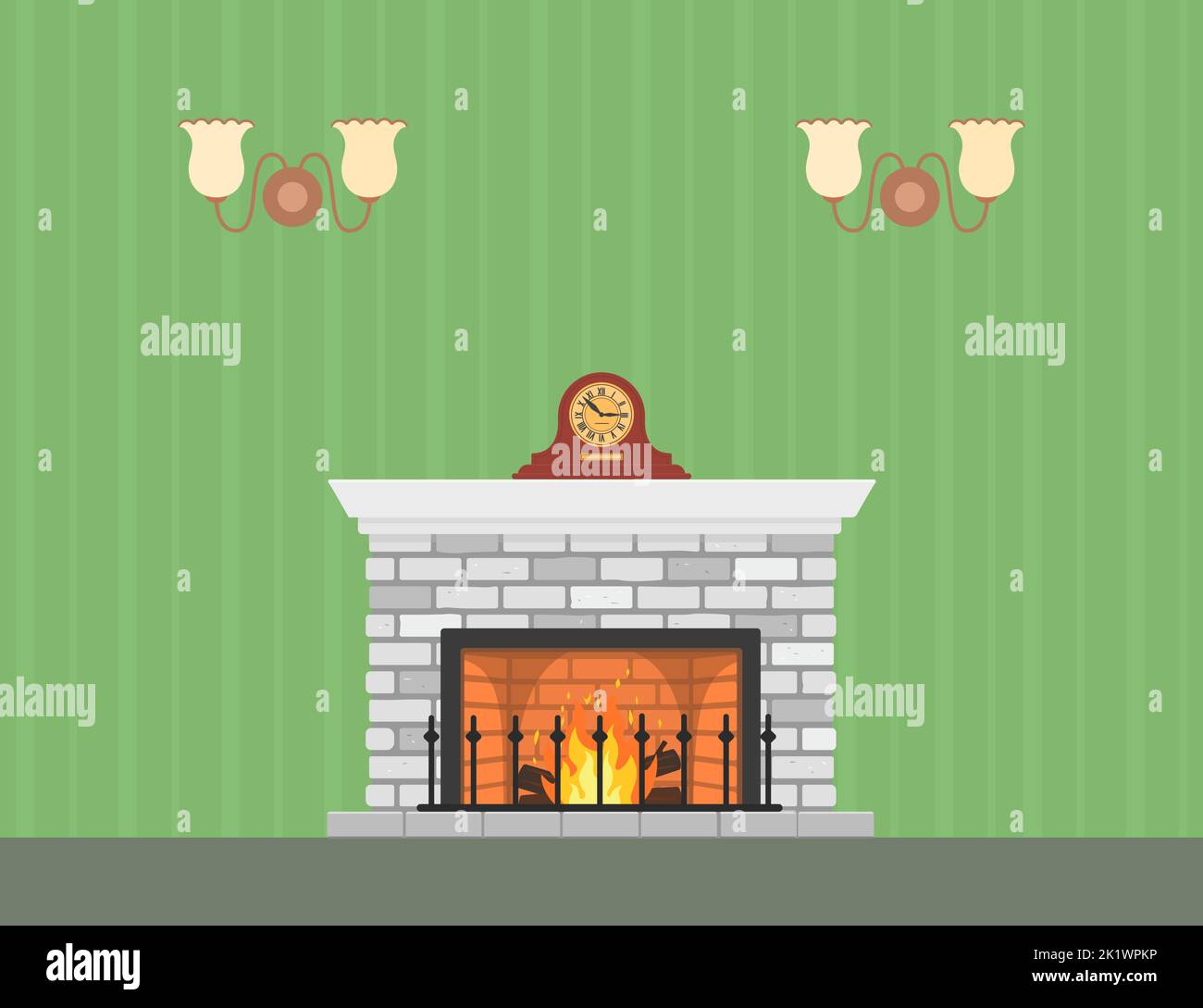 Retro fireplace with mantel clock on white background Stock Vector ...