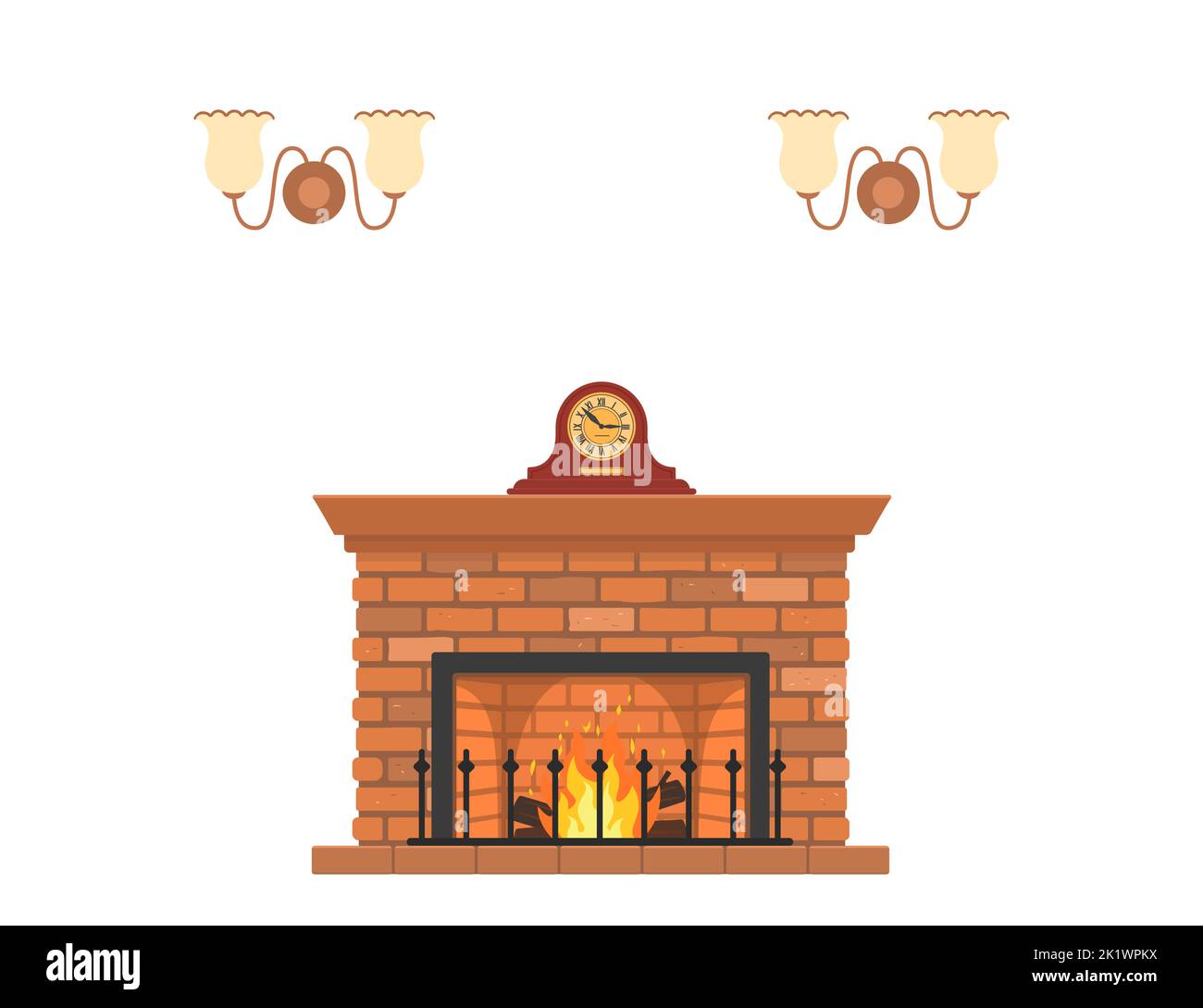 Retro fireplace with mantel clock on white background Stock Vector
