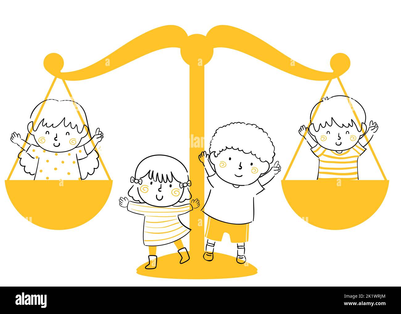Doodle Illustration of Kids and Balance Scale. Justice Equality Concept